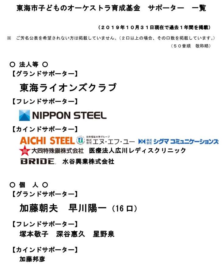 〇東海市子どものオーケストラ育成基金 サポーター一覧 10.31現在